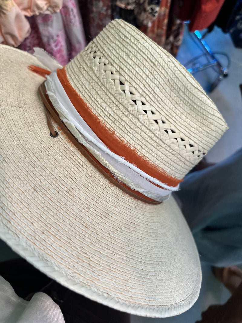 Light vented hat with burnt orange, twisted white, gold