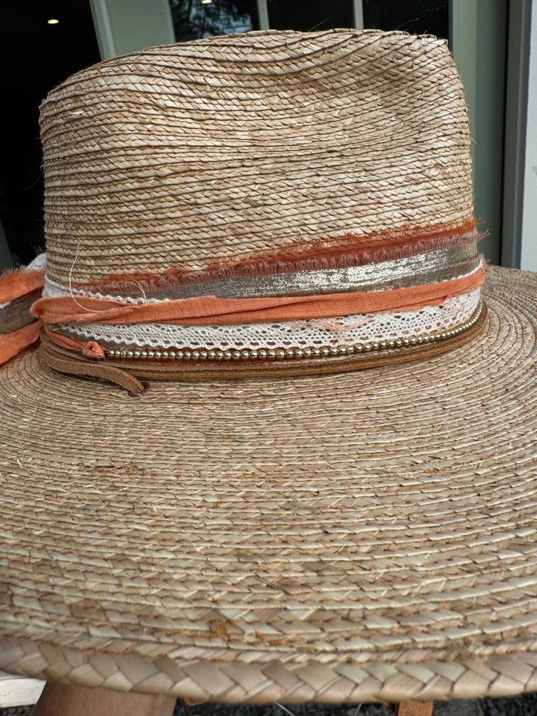 Oak hat with burnt orange, lace, gold beads