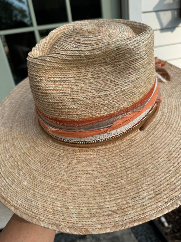 Oak hat with burnt orange, lace, gold beads