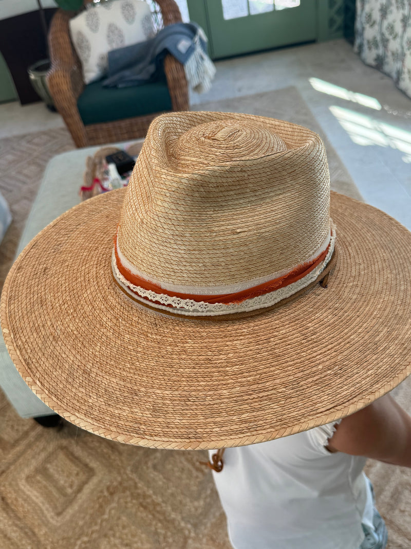 Oak hat with burnt orange, cream, lace