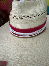 Light vented hat with red, white ribbons, white beads