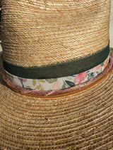 Oak hat with dark green, pink floral, hot pink shimmer twist