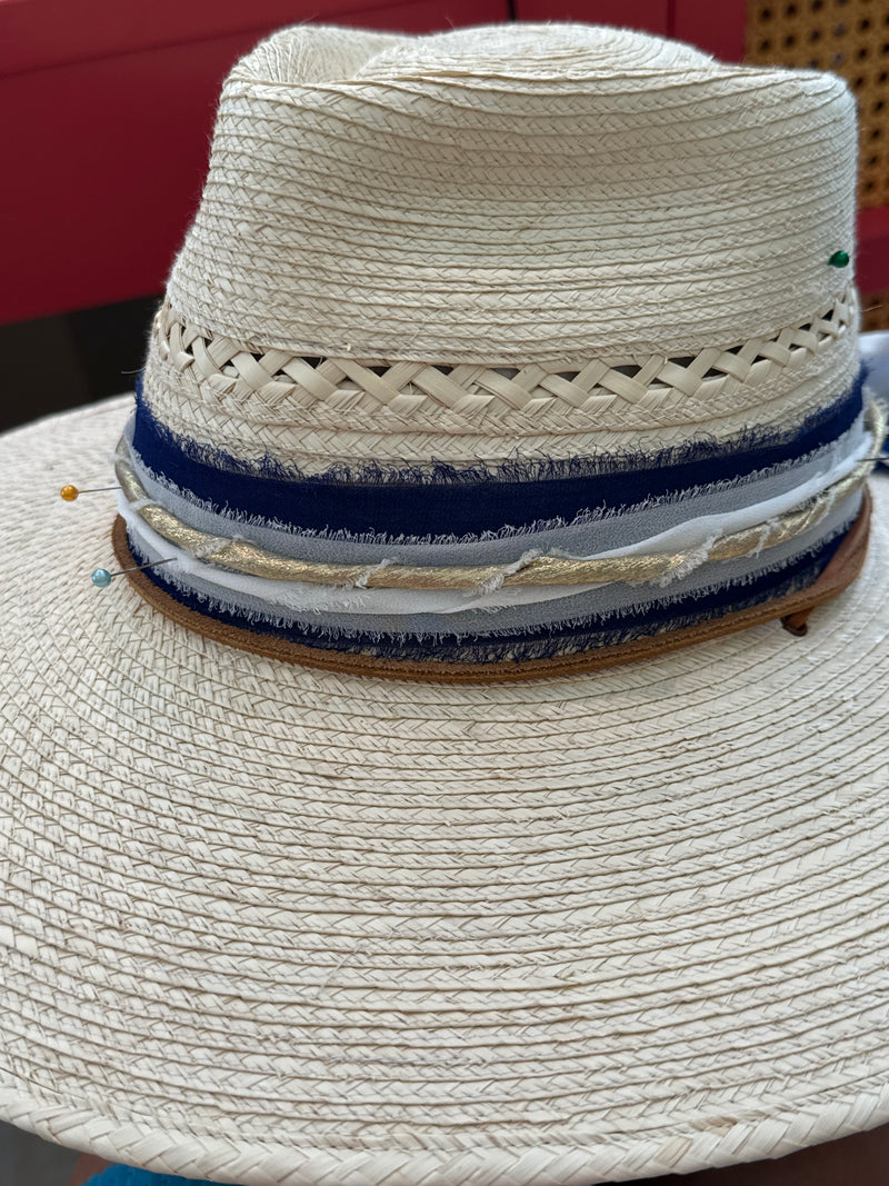 Light vented hat with navy blue, white, gold