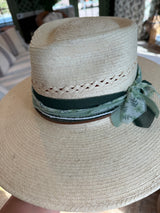 Light vented hat with forest green, sage florals, white beads