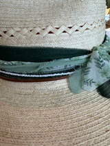 Light vented hat with forest green, sage florals, white beads