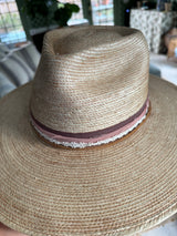 Oak hat with deep mauve, blush, lace