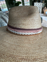 Oak hat with deep mauve, blush, lace