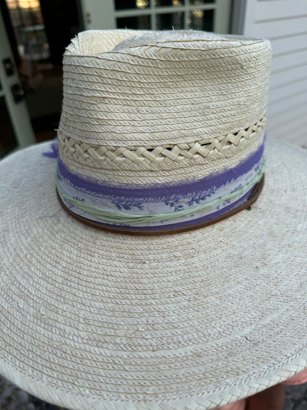 Light vented hat with lavender, floral, mint ribbon