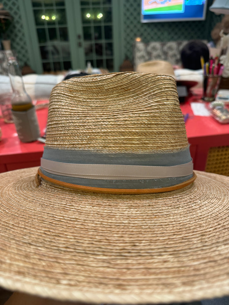 Oak hat with dusty blue, cream grosgrain