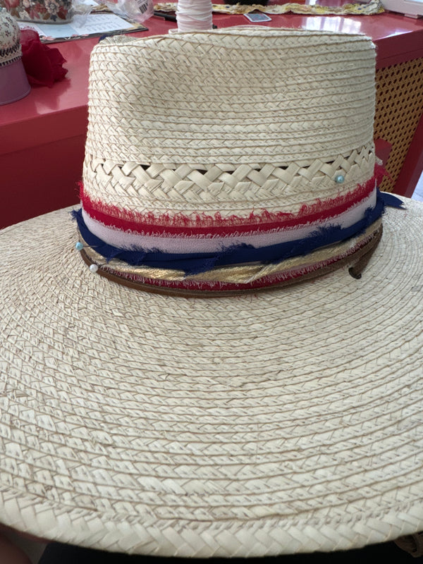 Light vented hat with red, white, blue, gold