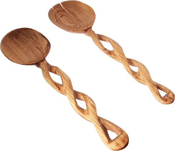 Kenyan Hand Carved Twisted Olive Wood Salad Serving Set