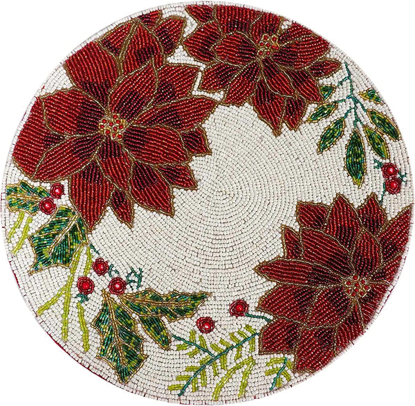 Set of 2 Poinsettia & Holly Bead Embroidered Placemats